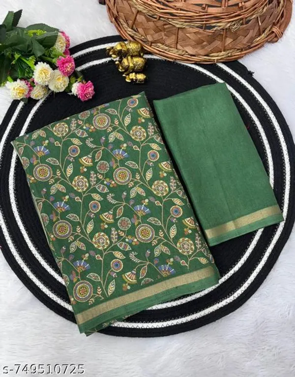 Green_Tussar_Silk_Printed_Saree_With_Rich_Pallu_Golden_Border_Traditional_Floral_Design_Festive_Wear_Wedding_Party_Wear_Saree_For_Women