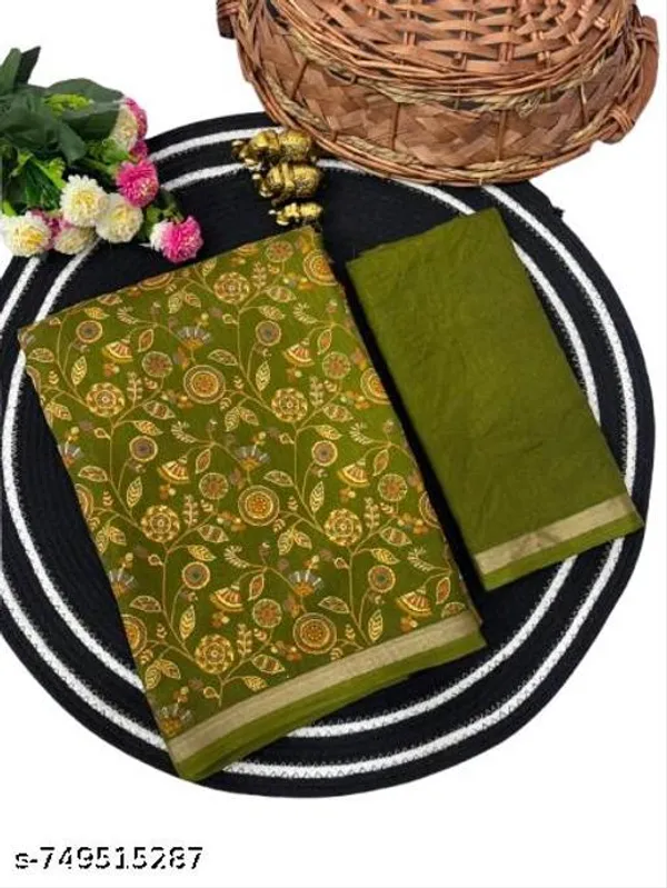 Green_Olive_Green_Tussar_Silk_Printed_Saree_With_Designer_Striped_Pallu_Golden_Border_Ethnic_Floral_Traditional_Saree_Festive_Wedding_Wear_For_Women