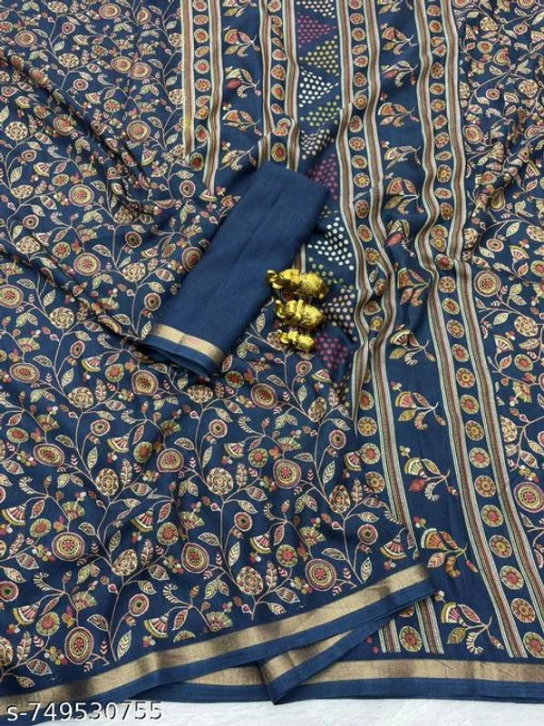 Blue_Tussar_Silk_Printed_Saree_With_Designer_Striped_Pallu_Golden_Border_Traditional_Floral_Ethnic_Saree_Festive_Wedding_Party_Wear_For_Women