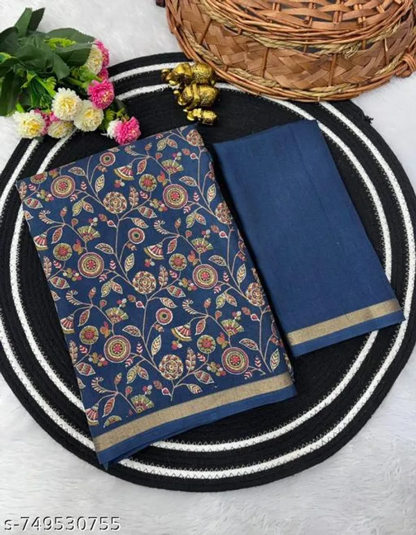 Blue_Tussar_Silk_Printed_Saree_With_Designer_Striped_Pallu_Golden_Border_Traditional_Floral_Ethnic_Saree_Festive_Wedding_Party_Wear_For_Women