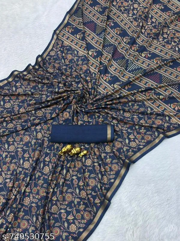 Blue_Tussar_Silk_Printed_Saree_With_Designer_Striped_Pallu_Golden_Border_Traditional_Floral_Ethnic_Saree_Festive_Wedding_Party_Wear_For_Women