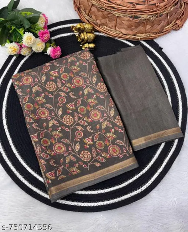 Multicolor_Charcoal_Grey_Tussar_Silk_Printed_Saree_With_Designer_Striped_Pallu_Golden_Border_Traditional_Floral_Ethnic_Saree_Festive_Wedding_Party_Wear_For_Women