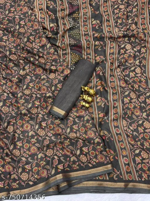 Multicolor_Charcoal_Grey_Tussar_Silk_Printed_Saree_With_Designer_Striped_Pallu_Golden_Border_Traditional_Floral_Ethnic_Saree_Festive_Wedding_Party_Wear_For_Women