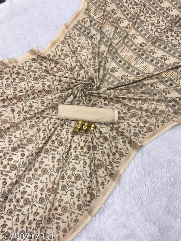 Cream_Off_White_Tussar_Silk_Printed_Saree_With_Designer_Striped_Pallu_Golden_Border_Traditional_Floral_Ethnic_Saree_Festive_Wedding_Wear_For_Women