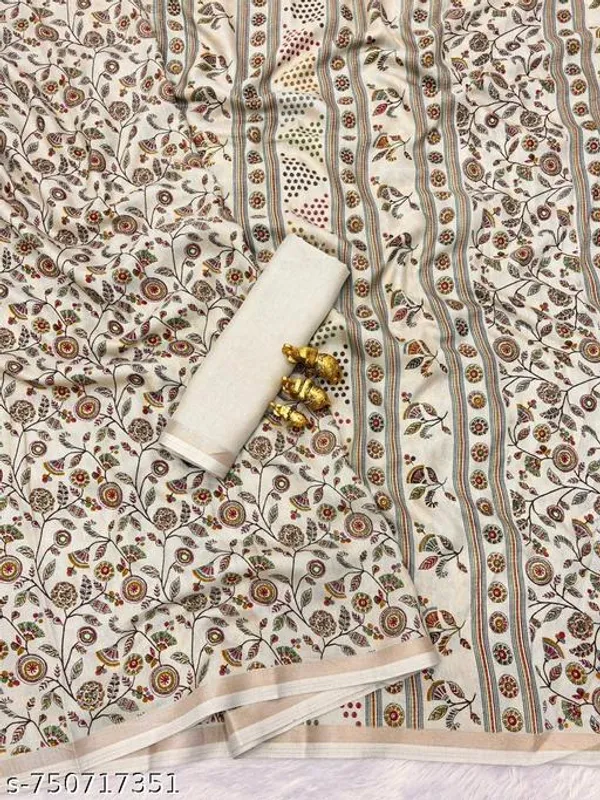 Cream_Off_White_Tussar_Silk_Printed_Saree_With_Designer_Striped_Pallu_Golden_Border_Traditional_Floral_Ethnic_Saree_Festive_Wedding_Wear_For_Women
