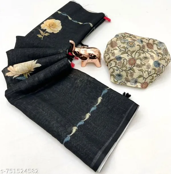 Black_Linen_Floral_Printed_Saree_With_Designer_Border_Premium_Digital_Print_Linen_Saree_Festive_Party_Wear_Saree_For_Women