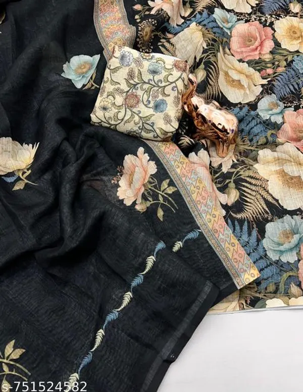 Black_Linen_Floral_Printed_Saree_With_Designer_Border_Premium_Digital_Print_Linen_Saree_Festive_Party_Wear_Saree_For_Women