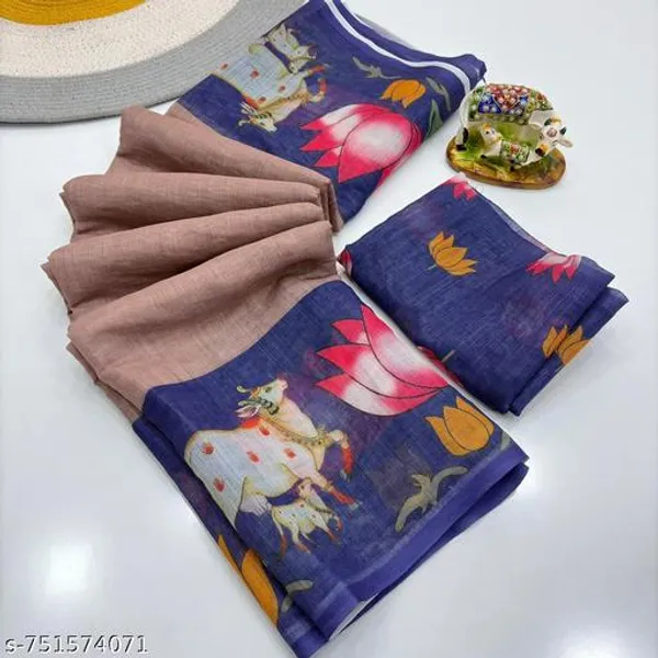 Multicolor_Beige_Linen_Saree_With_Navy_Blue_Elephant_Printed_Border_Artistic_Digital_Print_Linen_Saree_Festive_Casual_Wear_For_Women