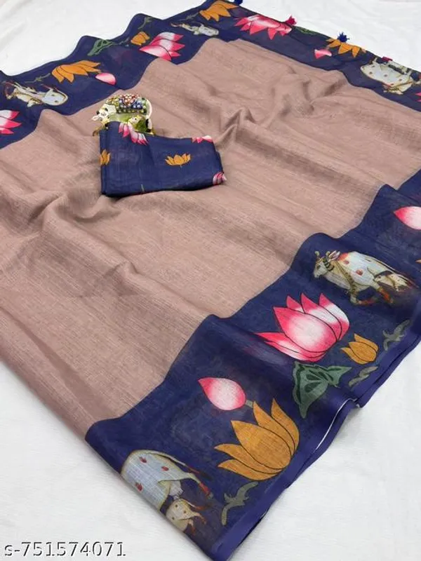 Multicolor_Beige_Linen_Saree_With_Navy_Blue_Elephant_Printed_Border_Artistic_Digital_Print_Linen_Saree_Festive_Casual_Wear_For_Women