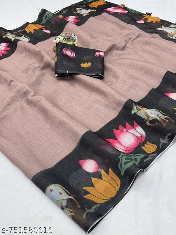 Multicolor_Beige_Linen_Saree_With_Black_Elephant_Printed_Border_Artistic_Digital_Print_Linen_Saree_Festive_Casual_Wear_For_Women