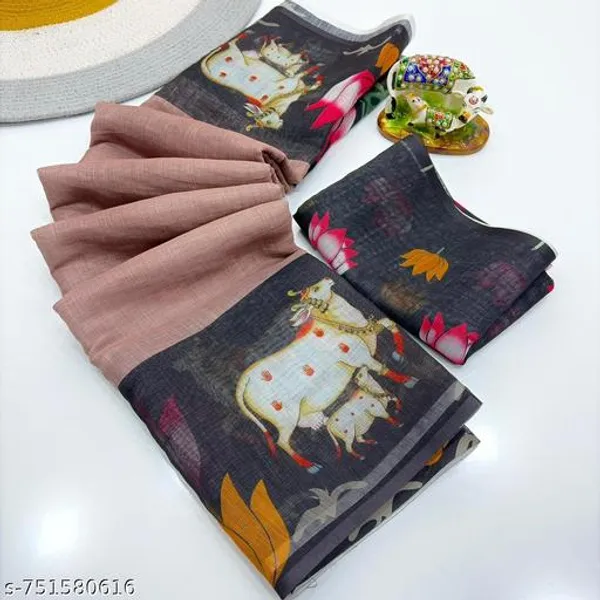 Multicolor_Beige_Linen_Saree_With_Black_Elephant_Printed_Border_Artistic_Digital_Print_Linen_Saree_Festive_Casual_Wear_For_Women