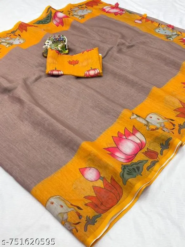 Multicolor_Beige_Linen_Saree_With_Mustard_Yellow_Elephant_Printed_Border_Artistic_Digital_Print_Linen_Saree_Festive_Casual_Wear_For_Women