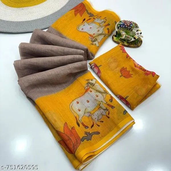 Multicolor_Beige_Linen_Saree_With_Mustard_Yellow_Elephant_Printed_Border_Artistic_Digital_Print_Linen_Saree_Festive_Casual_Wear_For_Women