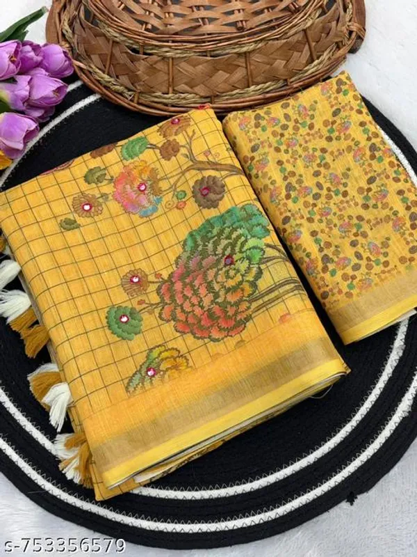 Yellow_Linen_Saree_For_Women_With_Mirror_Work_Designer_Blouse_Printed_Saree_With_Zari_Border_Lightweight_Party_Wear_Festive_Office_Wear_Saree_New_Arrival_Collection