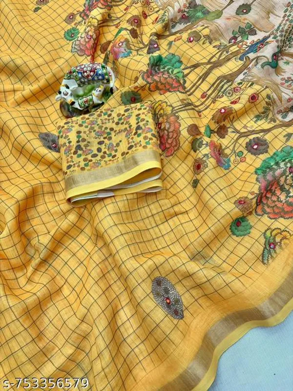 Yellow_Linen_Saree_For_Women_With_Mirror_Work_Designer_Blouse_Printed_Saree_With_Zari_Border_Lightweight_Party_Wear_Festive_Office_Wear_Saree_New_Arrival_Collection