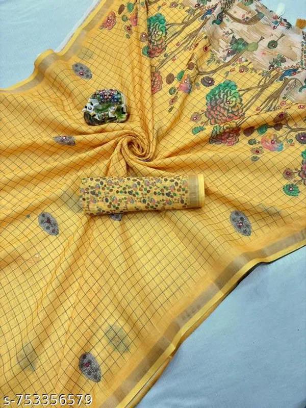 Yellow_Linen_Saree_For_Women_With_Mirror_Work_Designer_Blouse_Printed_Saree_With_Zari_Border_Lightweight_Party_Wear_Festive_Office_Wear_Saree_New_Arrival_Collection