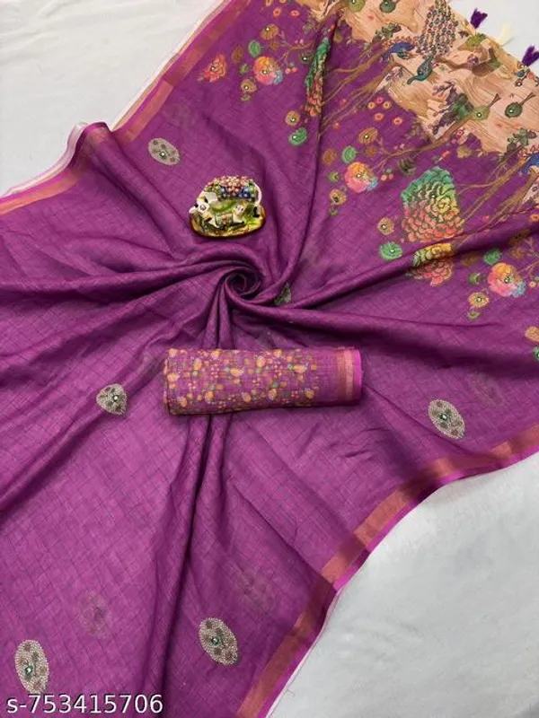 Purple_Purple_Linen_Saree_For_Women_With_Mirror_Work_Zari_Border_Designer_Printed_Saree_With_Blouse_Party_Wear_Festive_Wear_Office_Wear_New_Arrival_Saree_Collection