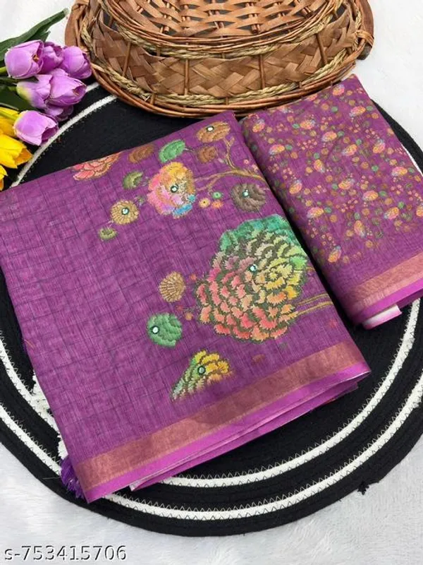 Purple_Purple_Linen_Saree_For_Women_With_Mirror_Work_Zari_Border_Designer_Printed_Saree_With_Blouse_Party_Wear_Festive_Wear_Office_Wear_New_Arrival_Saree_Collection