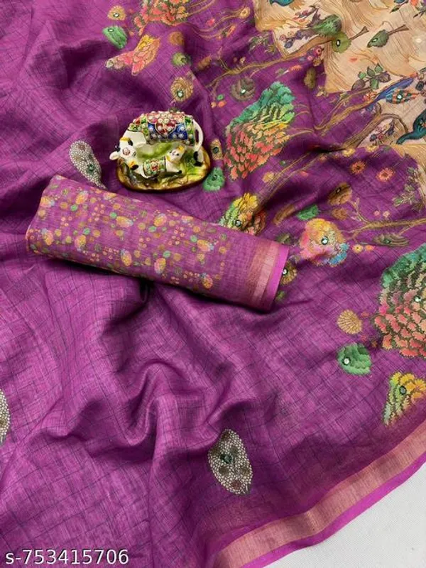 Purple_Purple_Linen_Saree_For_Women_With_Mirror_Work_Zari_Border_Designer_Printed_Saree_With_Blouse_Party_Wear_Festive_Wear_Office_Wear_New_Arrival_Saree_Collection