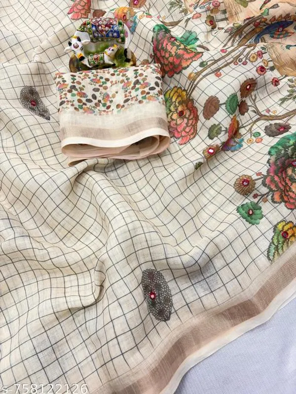 White_Beige_Linen_Saree_For_Women_With_Floral_Printed_Pallu_Zari_Border_Designer_Saree_With_Blouse_Party_Wear_Festive_Wear_Office_Wear_New_Arrival_Saree_Collection