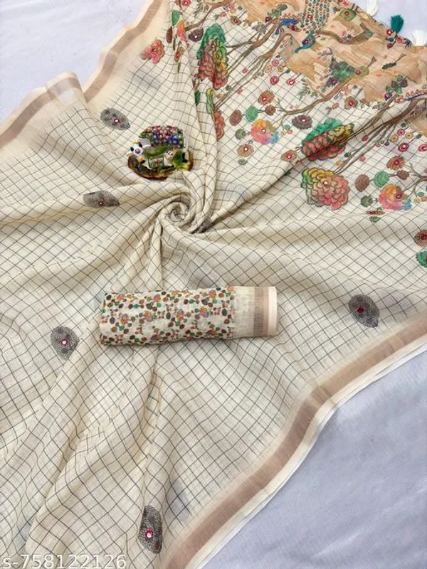 White_Beige_Linen_Saree_For_Women_With_Floral_Printed_Pallu_Zari_Border_Designer_Saree_With_Blouse_Party_Wear_Festive_Wear_Office_Wear_New_Arrival_Saree_Collection