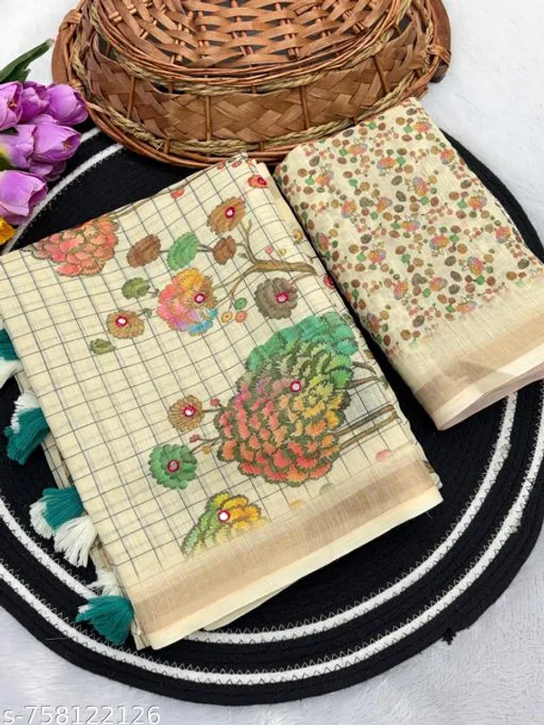 White_Beige_Linen_Saree_For_Women_With_Floral_Printed_Pallu_Zari_Border_Designer_Saree_With_Blouse_Party_Wear_Festive_Wear_Office_Wear_New_Arrival_Saree_Collection