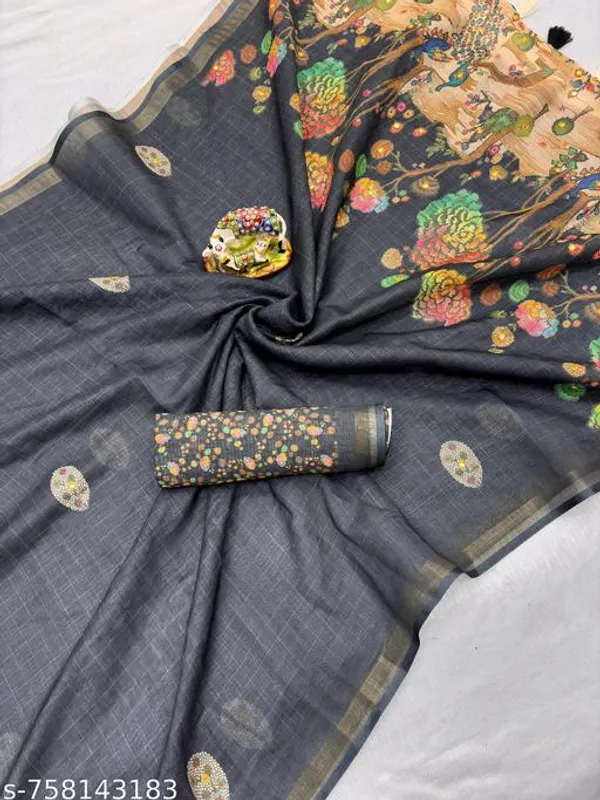 Black_Linen_Saree_For_Women_With_Mirror_Work_Printed_Design_Designer_Saree_With_Blouse_Lightweight_Party_Wear_Saree_Festive_Office_Wear_Traditional_Saree