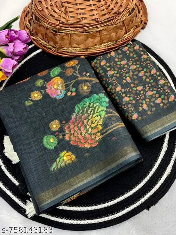 Black_Linen_Saree_For_Women_With_Mirror_Work_Printed_Design_Designer_Saree_With_Blouse_Lightweight_Party_Wear_Saree_Festive_Office_Wear_Traditional_Saree