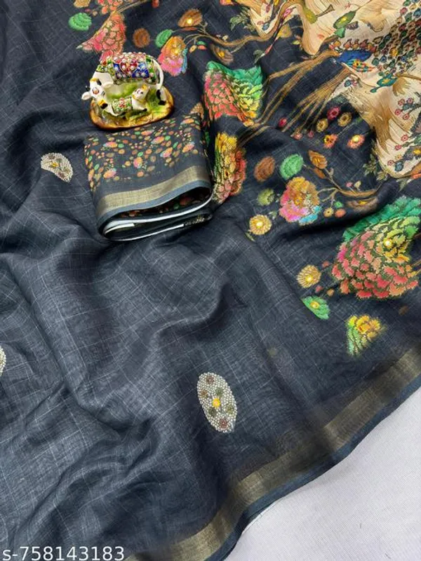 Black_Linen_Saree_For_Women_With_Mirror_Work_Printed_Design_Designer_Saree_With_Blouse_Lightweight_Party_Wear_Saree_Festive_Office_Wear_Traditional_Saree