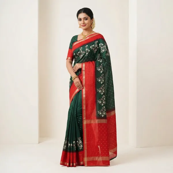 Green_Marshmallow_Fabric_Floral_Printed_Saree_With_Sequin_Border_Blouse_Dark_Green_Party_Festive_Wear_Saree_For_Women