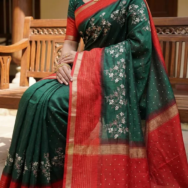 Green_Marshmallow_Fabric_Floral_Printed_Saree_With_Sequin_Border_Blouse_Dark_Green_Party_Festive_Wear_Saree_For_Women