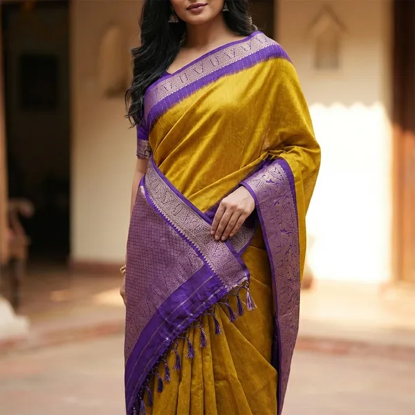 Yellow_Designer_Dola_Silk_Saree_For_Women_With_Rich_Zari_Border_Tassels_Lightweight_Festive_Wedding_Party_Wear_Saree_With_Matching_Blouse