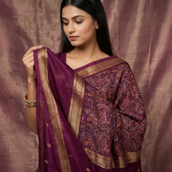 Maroon_Super_Premium_Wine_Dola_Silk_Saree_With_Rich_Paisley_Weaving_Golden_Border_Lightweight_Office_Formal_Wear_Saree_With_Matching_Blouse