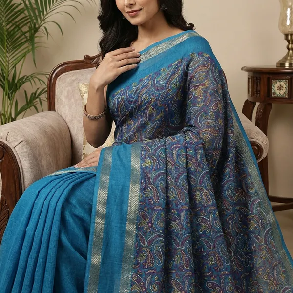 Blue_Super_Premium_Teal_Blue_Dola_Silk_Saree_With_Rich_Paisley_Weaving_Golden_Border_Lightweight_Office_Formal_Wear_Saree_With_Matching_Blouse