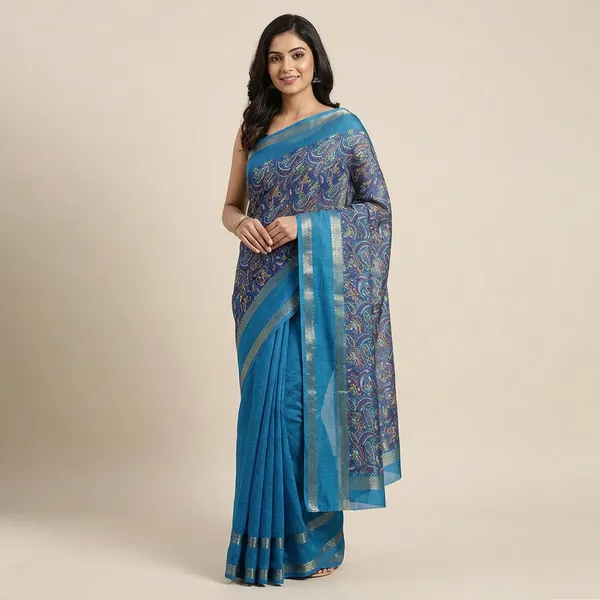 Blue_Super_Premium_Teal_Blue_Dola_Silk_Saree_With_Rich_Paisley_Weaving_Golden_Border_Lightweight_Office_Formal_Wear_Saree_With_Matching_Blouse