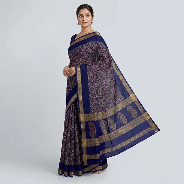Navy_Blue_Super_Premium_Dola_Silk_Saree_For_Women_With_Weaving_Border_Lightweight_Uniform_Design_Office_Wear_Saree_With_Matching_Blouse