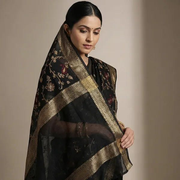 Black_Super_Premium_Dola_Silk_Saree_With_Rich_Weaving_Border_Uniform_2_Tone_Design_Lightweight_Office_Festive_Wear_Saree_With_Matching_Blouse