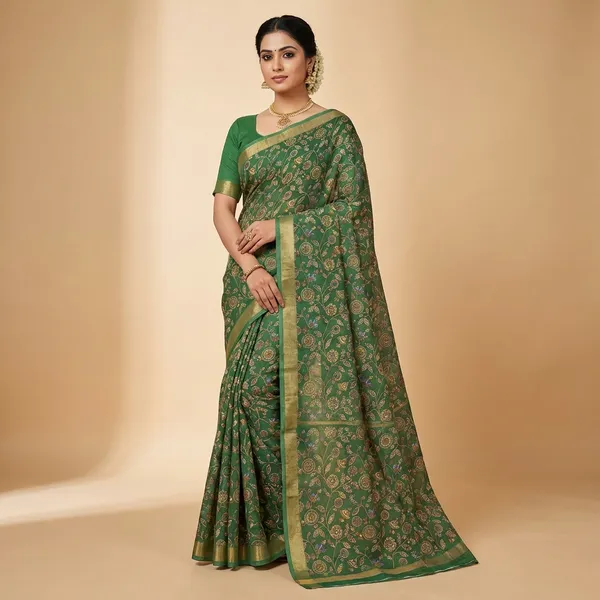 Green_Tussar_Silk_Printed_Saree_With_Rich_Pallu_Golden_Border_Traditional_Floral_Design_Festive_Wear_Wedding_Party_Wear_Saree_For_Women