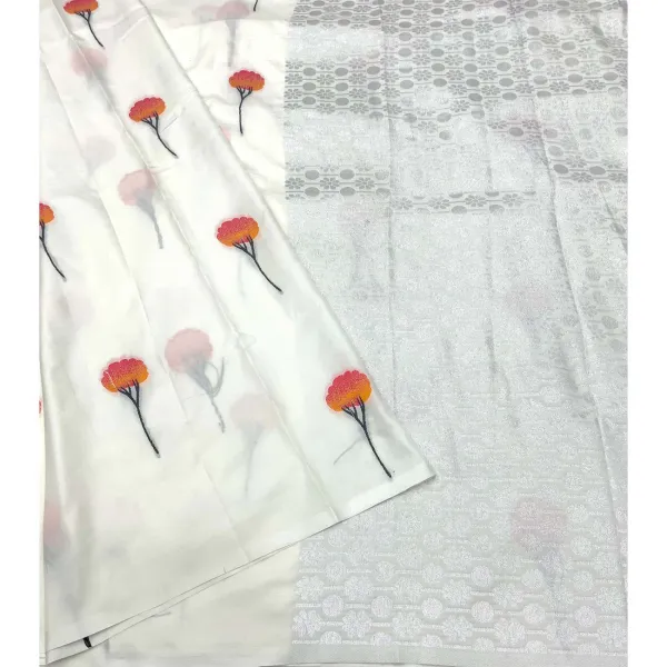 White_Soft_Silk_Designer_Saree_With_Silver_Zari_Woven_Pallu_Rose_Design_Blouse_Lightweight_Party_Festive_Wedding_Wear_Saree_For_Women