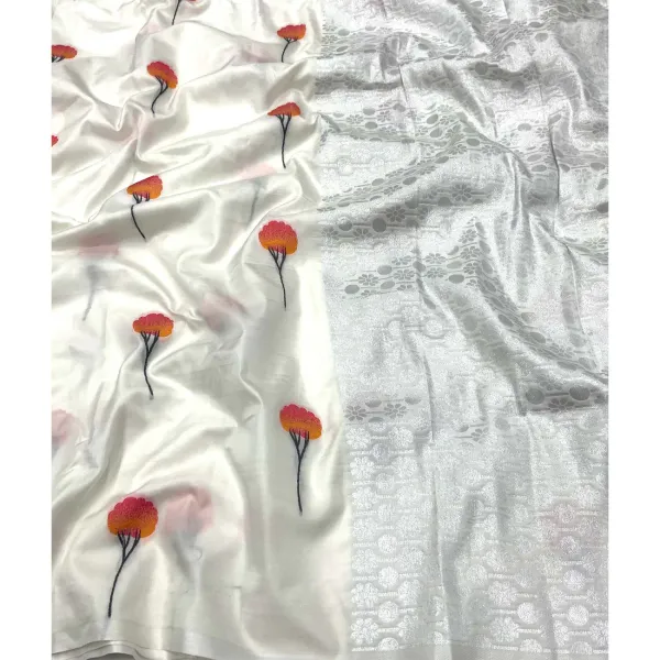 White_Soft_Silk_Designer_Saree_With_Silver_Zari_Woven_Pallu_Rose_Design_Blouse_Lightweight_Party_Festive_Wedding_Wear_Saree_For_Women