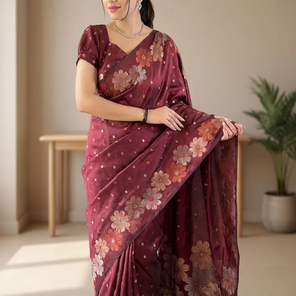 Wine_Floral__Saree_With_Matching_Blouse_For_Women_|_With_Blouse_Piece