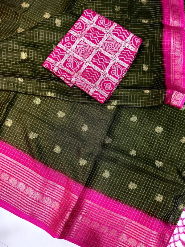 Green_And_Pink_Butterfly_Checkered_Saree_For_Women_|_With_Blouse_Piece