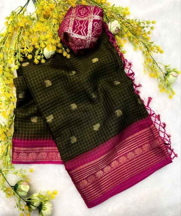 Green_And_Pink_Butterfly_Checkered_Saree_For_Women_|_With_Blouse_Piece