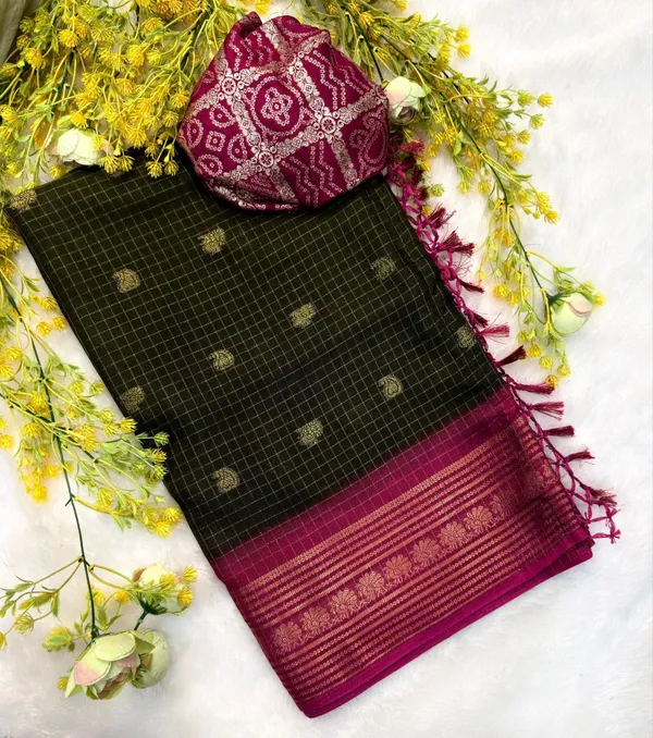 Green_And_Pink_Butterfly_Checkered_Saree_For_Women_|_With_Blouse_Piece