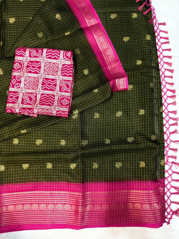 Green_And_Pink_Butterfly_Checkered_Saree_For_Women_|_With_Blouse_Piece