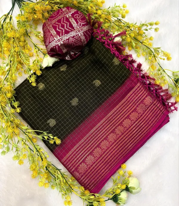 Green_And_Pink_Butterfly_Checkered_Saree_For_Women_|_With_Blouse_Piece