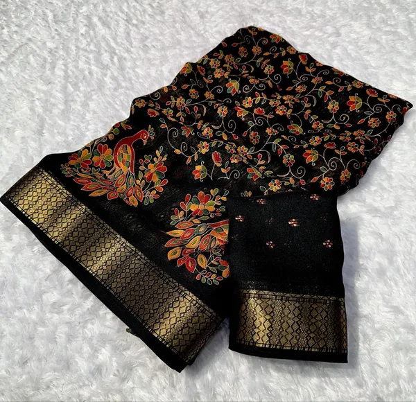 Black_Ajrakh_Printed_Saree_With_Golden_Border_For_Women_|_With_Blouse_Piece