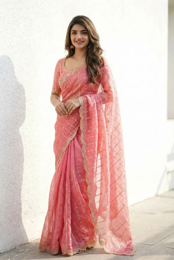 Peach_Elegant_Embroidery_work__Saree_For_Women_|_With_Blouse_Piece