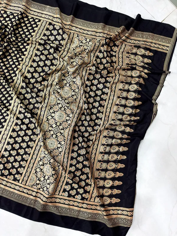 Black_Ajrakh_Silk_Saree_|_With_Blouse_Piece