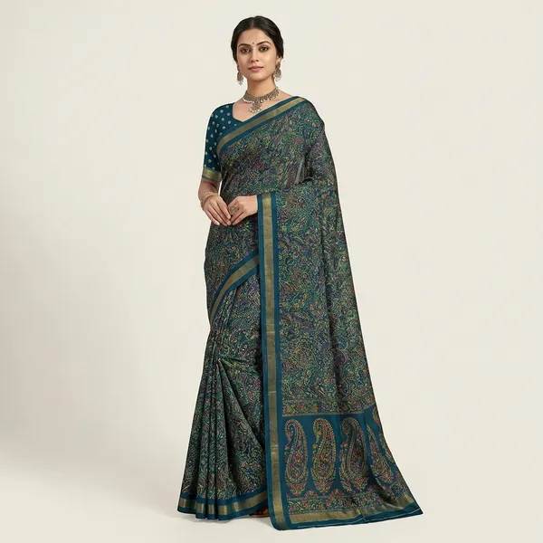 Teal_Elegant_Floral_Print_Ajrakh_Saree_For_Women_|_With_Blouse_Piece